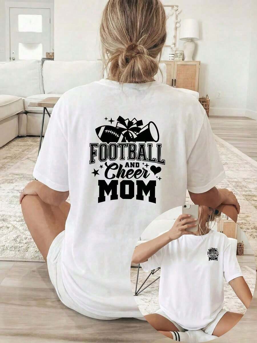 Camiseta de manga corta informal para mujer, ideal para vacaciones de verano, [estampado de doble cara], ropa casual holgada para primavera/verano, color verde oliva, con las palabras "FOOTBALL AND Cheer MOM" estampadas en la parte delantera y patrones de balones de fútbol y pompones de animadora. Camiseta de manga corta con cuello redondo - Blanco - Ver 1