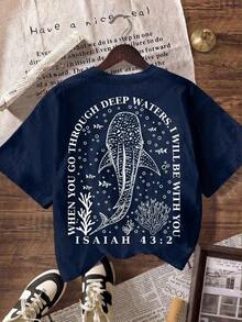 Camiseta con Gráfico de Tiburón Ballena Cristiano, Camiseta con Versículo Bíblico, Fe Oceánica, Camiseta Casual de Manga Corta con Cuello Redondo para Mujer, Atuendo de Playa para Vacaciones de Verano - Azul Marino - Ver 3