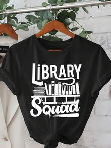 Camiseta de corte regular con estampado de bibliotecario, top casual de manga corta y cuello redondo, ropa casual diaria para mujer de primavera/verano. - Negro - Ver 12
