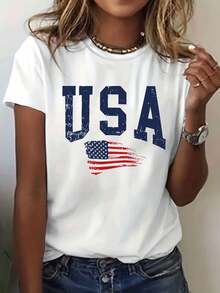 Camiseta con estampado de letras Simple DesignUSA, top casual de manga corta y cuello redondo para verano y primavera, ropa de verano elegante y práctica para mujer. - Albaricoque - Ver 7
