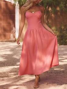 Vestido largo tirantes liso primavera estilo francés corte ajustado elegante moda europea para mujer - Rosa - Ver 7