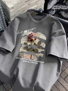 1 pieza de camiseta de manga corta para mujer, con estampado de rosas, lavado vintage desgastado, estampado de letras, estilo veraniego moderno, hombros caídos, de alta calidad, gruesa, de gran tamaño, de algodón puro, cuello redondo, estilo urbano, holgada, estilo hip-hop, 180g, 100% algodón. - Gris - Ver 1