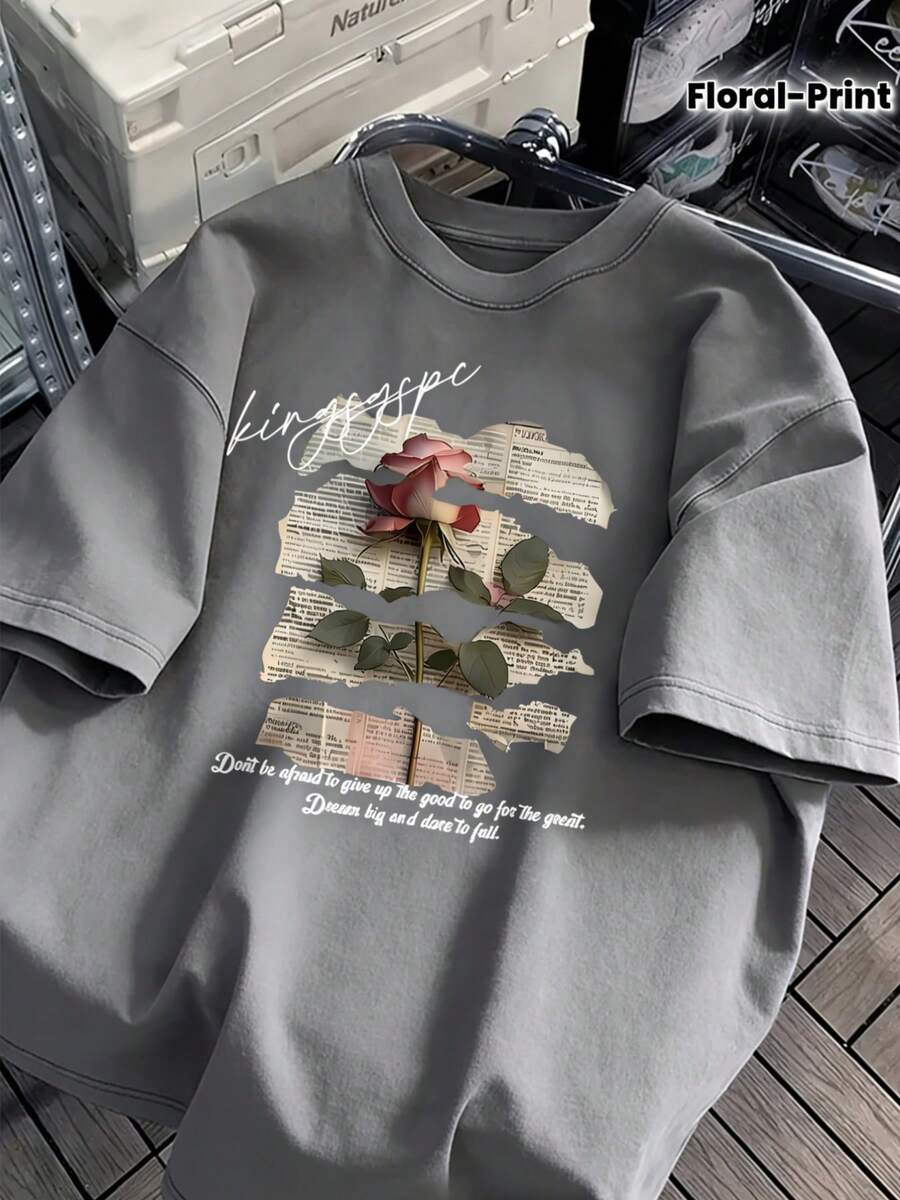 1 pieza de camiseta de manga corta para mujer, con estampado de rosas, lavado vintage desgastado, estampado de letras, estilo veraniego moderno, hombros caídos, de alta calidad, gruesa, de gran tamaño, de algodón puro, cuello redondo, estilo urbano, holgada, estilo hip-hop, 180g, 100% algodón. - Gris - Ver 1
