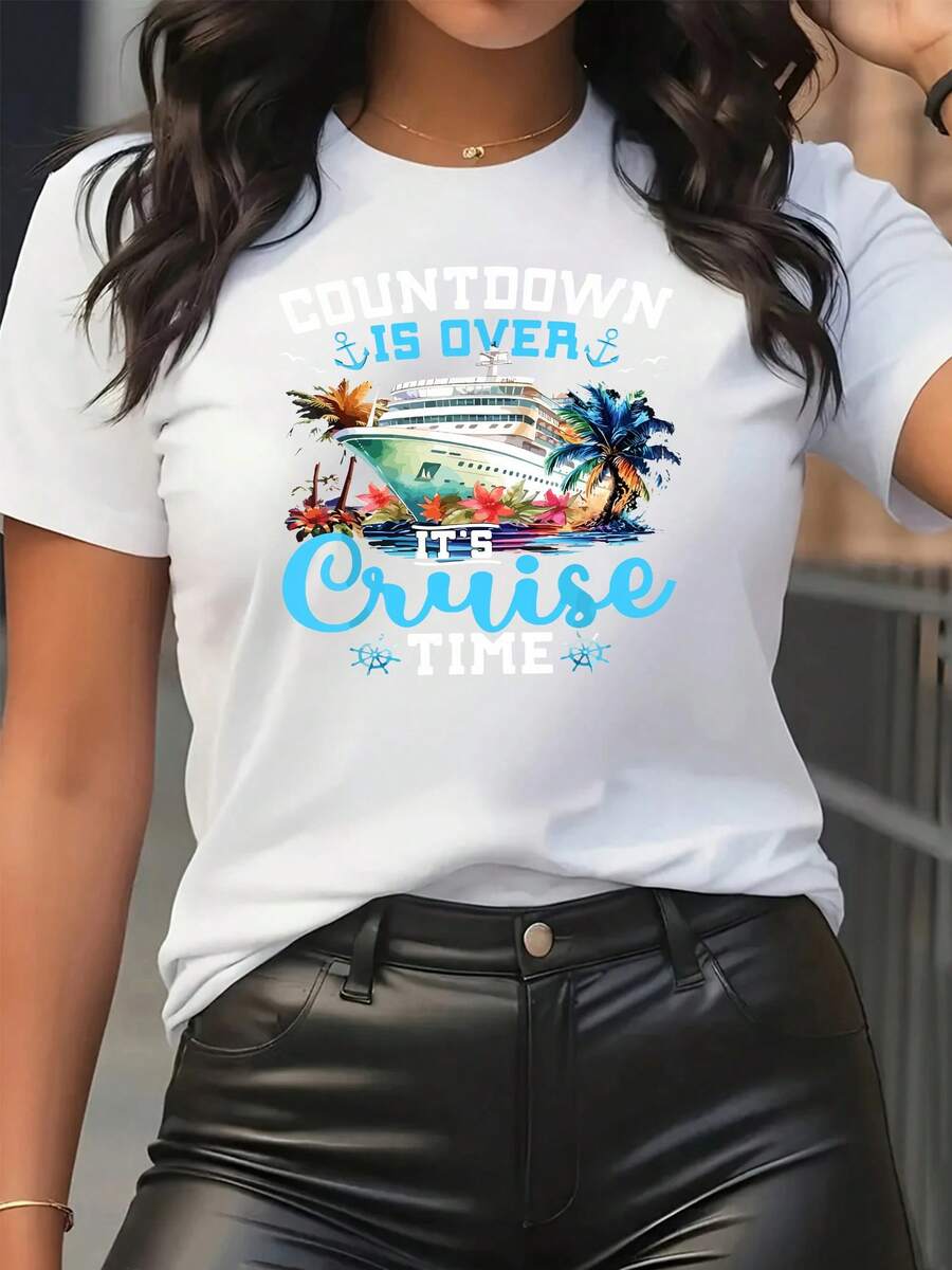 Camiseta de manga corta con cuello redondo y estampado tropical para mujer - Estilo deportivo casual, suave y transpirable, 95% poliéster 5% spandex 180g, vibrante y dinámica, moderna y atractiva, muestra una personalidad a la moda. - Blanco - Ver 1