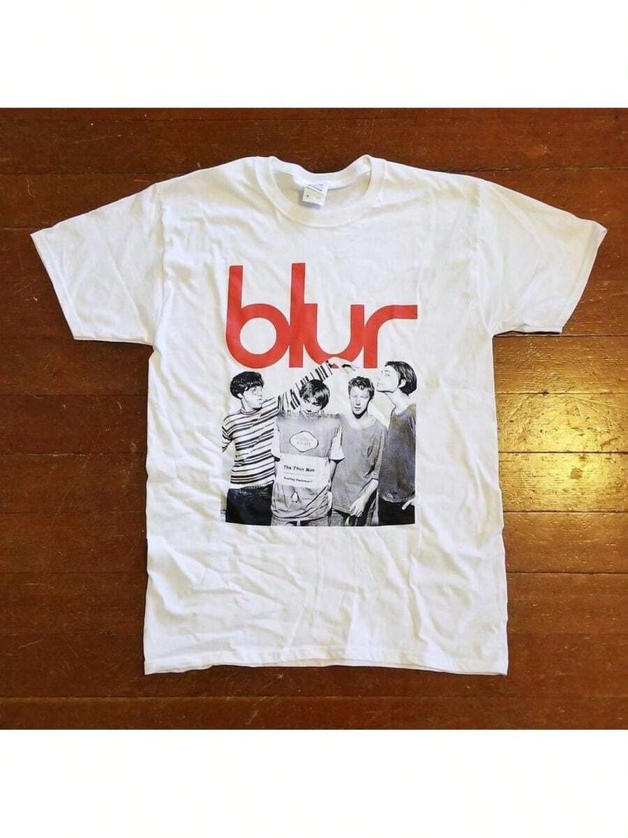 [British Rock Merchandise] Men's Vintage Blur Band Tour T-Shirt - White With Red Logo Print, British Rock Merchandise, Casual Crew Neck For Concerts And Casual Wear - 白色 - 查看 1