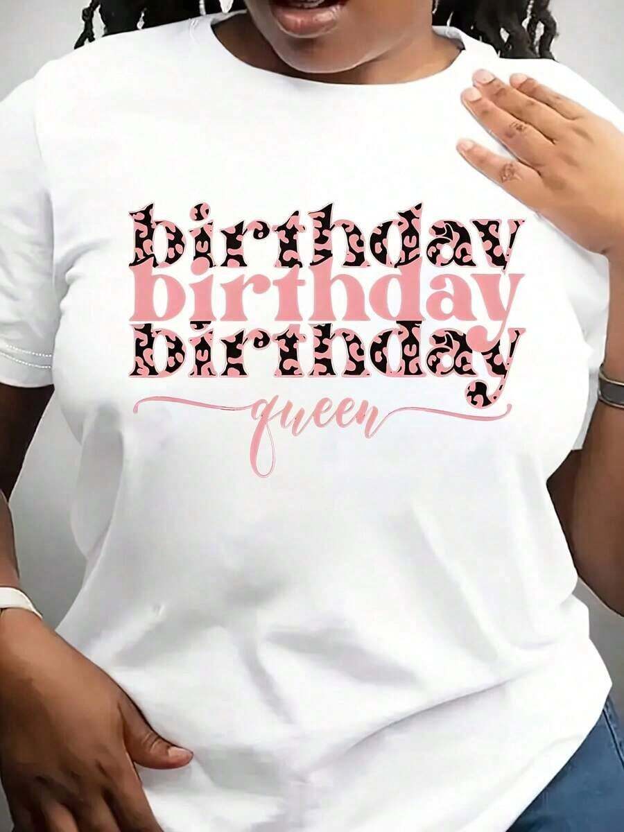 Plus Size Women's 'Birthday Queen' Print T-Shirt, Birthday Tee, Casual Short Sleeve Crew Neck T-Shirt, Suitable For Summer, Party Wear, Fun Design T-Shirt, Perfect As A Birthday Gift - 白色 - 查看 1
