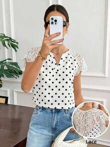 Camiseta de algodón de bambú de unicolor de verano con parche de encaje blanco soluble en agua y escote en V. Camiseta cómoda y transpirable para uso diario, vacaciones y viajes.Estilo Cottagecore, blanco, temporada de bodas - Blanco y Negro - Ver 5