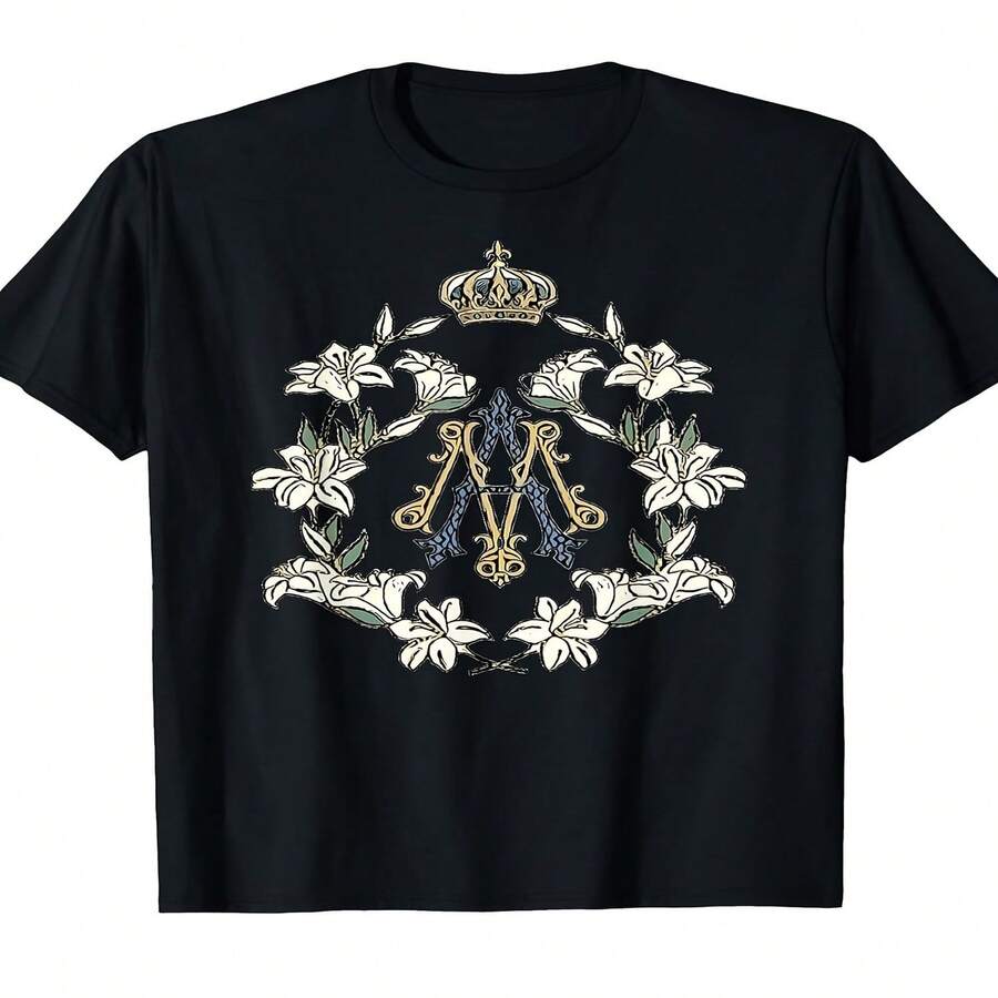 Camiseta unisex de manga corta estampada con el símbolo católico de la Virgen María, exclusiva para el Día de la Independencia/Día del Padre, edición de verano de 2026, 180 g. - Negro - Ver 1