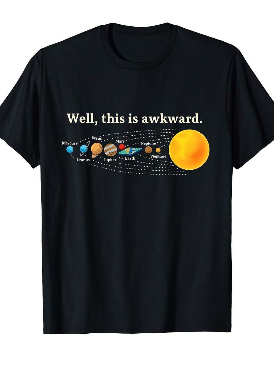 Funny Flat Earth T-Shirt - Unusual Solar System Design - Black Planets T-Shirt - Unisex For Casual And Formal Occasions - Great Science Gift For Astronomy Enthusiasts - Machine Washable, Regular Fit, Crew Neck - Fun And Comfortable - A the Picture How - View 1