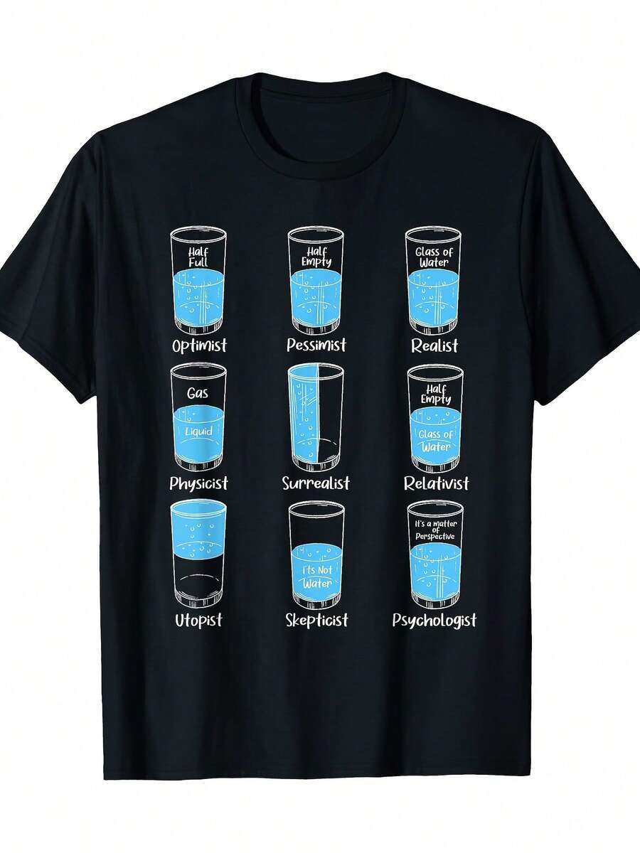 Psychology T-Shirt With A Touch Of Humor - A Comical Gift For Mental Health Professionals - Half Full Half Empty Graphic - Durable 200Gsm T-Shirt - Relaxed Fit Black Top For Both Gender - Year-Round Psychology Casual Wear, Fun Workwear, Quirky Design - Loose And Comfortable - A the Picture How - View 1