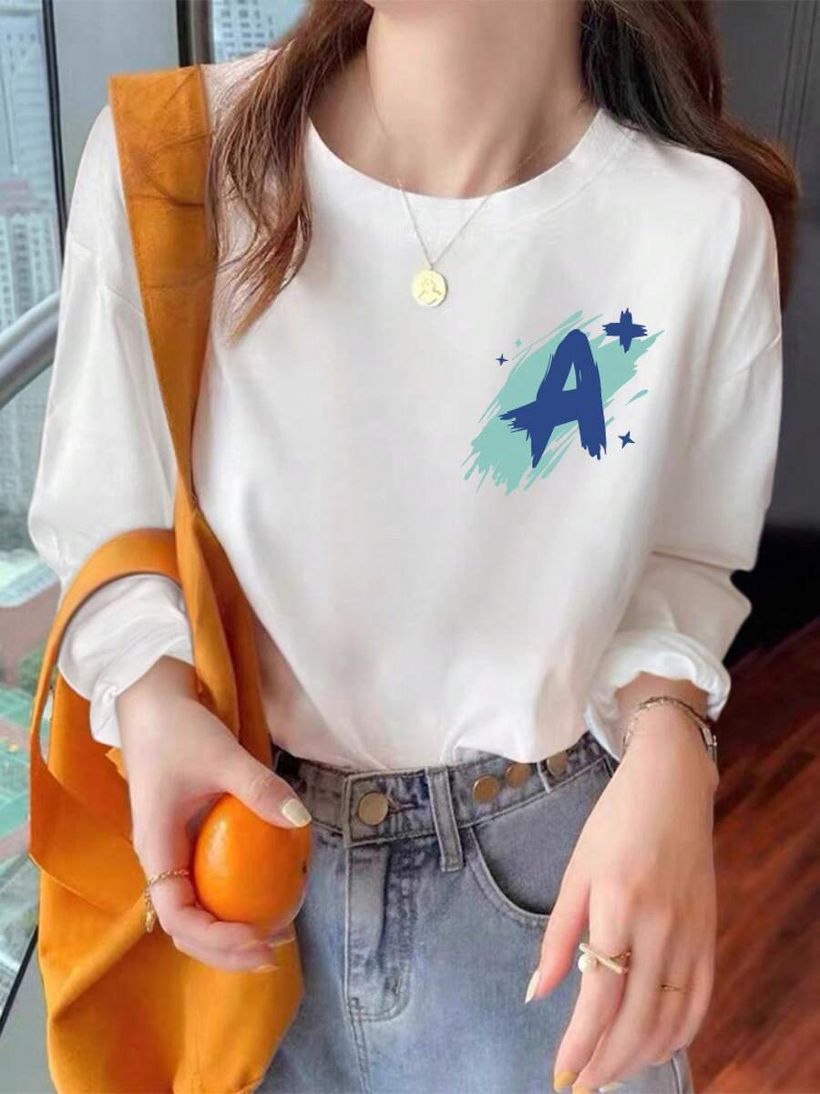 Camiseta con estampado de camisa casual para mujer, manga corta y cuello redondo, moda urbana local de primavera/verano camiseta unisex. 2K9J - Corsage de manga larga A+ - Ver 1