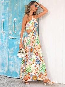 Vestido largo con estampado floral, sin mangas y con diseño calado en la cintura, para vacaciones - Multicolor - Ver 6