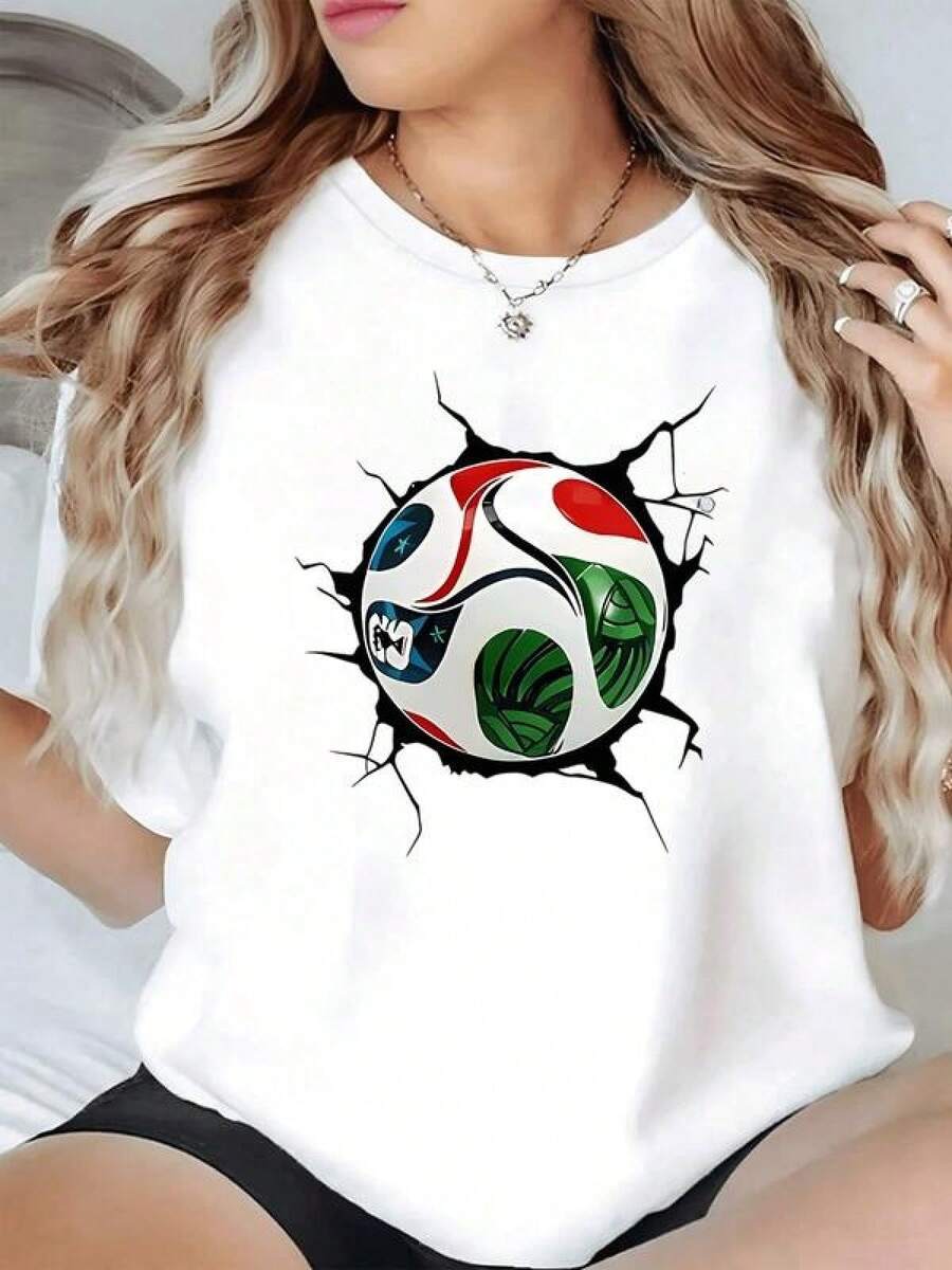 Símbolos vibrantes que muestran energía deportiva y pasión global con formas curvas que evocan movimiento y unión camiseta de mujer casual moderna cómoda para uso diario - Negro - Ver 1