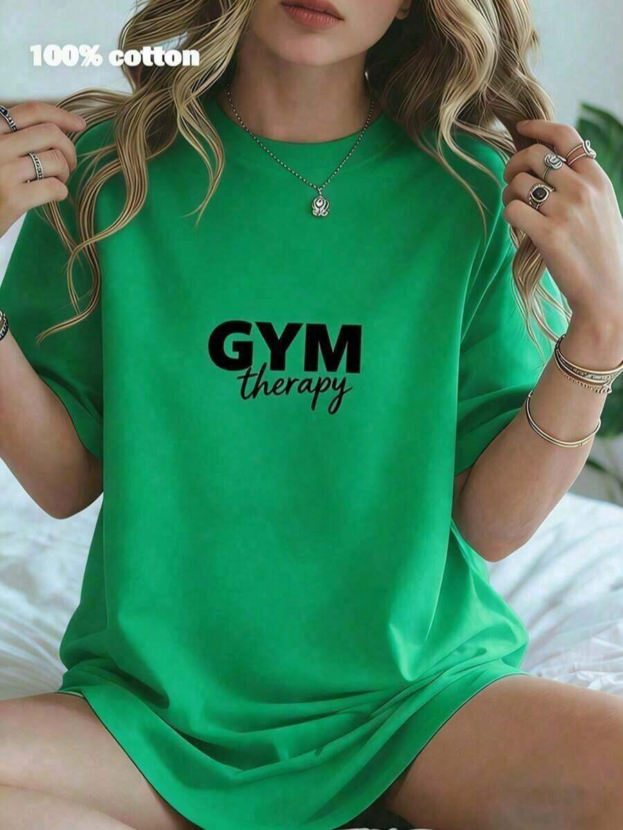 Playera Gráfica Casual JuveniGym Therapy - Camiseta Casual de Cuello Redondo 100% Algodón, Suave y Transpirable, Corte Relajado, Top de Verano - Perfecta para Entrenamientos, Fitness, Amantes del Gimnasio, Uso Diario. Estilo Retro Pop de los 90 para Todos los Géneros. - Verde - Ver 1