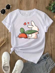 100% cotton Camiseta de diseño de conejo y zanahoria elegante de talla grande para mujeres - Manga corta, cuello redondo para /verano/otoño - Lavar en máquina, mezcla - Blanco - Ver 6
