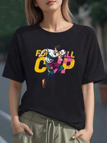 Figura de jugador de fútbol animado golpeando el balón como símbolo de energía pasión y espíritu deportivo camiseta para mujer 100% algodón casual cómoda - Negro - Ver 1