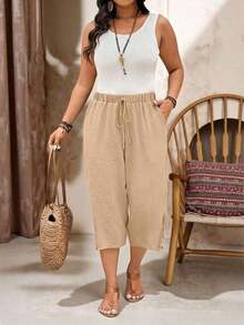 Pantalones casuales capri de talla grande para mujer, de unicolor, con cintura anudada y bolsillos - Albaricoque - Ver 4