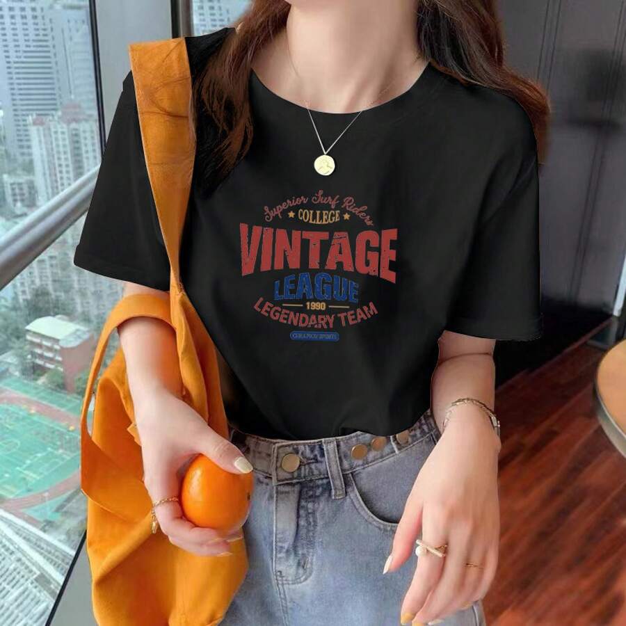 Camiseta de manga corta color albaricoque para mujer, nueva moda de verano, cuello redondo, corte holgado, efecto adelgazante, top para personas de complexión pequeña, camiseta cómoda y holgada, camisetas de moda. - Negro - Ver 1