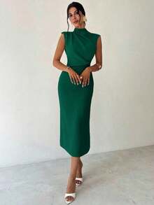 Vestido largo de verano elegante y minimalista para uso diario, viajes y ocasiones casuales, con cuello mao, mangas drapeadas y cintura ceñida, color albaricoque - Verde Oscuro - Ver 4