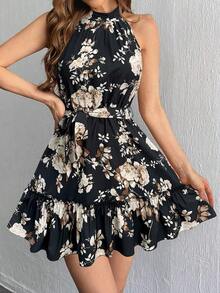 Vestido Sin Mangas Para Mujer Con Cuello Halter Y Con Estampado Floral En Línea A Y Dobladillo Con Volantes - Negro - Ver 3