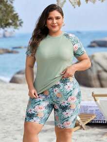 Conjunto de tankini de playa de verano para mujer con estampado tropical de plantas - Multicolor - Ver 1