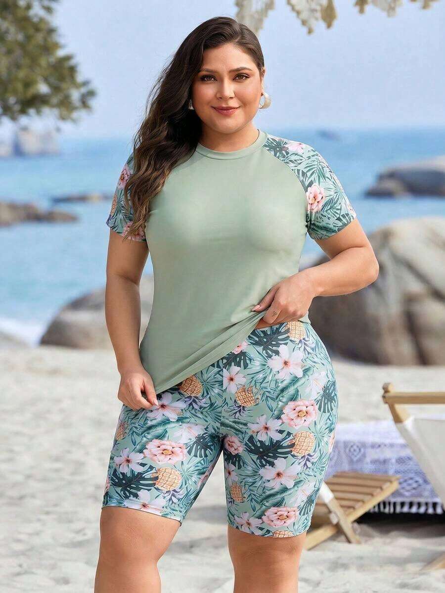 Conjunto de tankini de playa de verano para mujer con estampado tropical de plantas - Multicolor - Ver 1