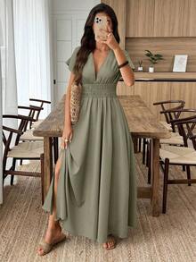 Elouméa Vestido casual de mujer de cuello en V de unicolor para vacaciones - Turquesa - Ver 1