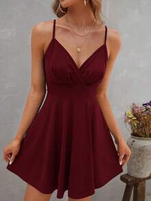 Vestido de tirantes unicolor fruncido - Burdeos - Ver 1