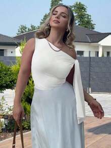 Blusa elegante de mujer con cuello asimétrico y hombro oblicuo con lazo, adecuada para uso diario, citas, salidas, discoteca, fiestas y reuniones - Blanco - Ver 7