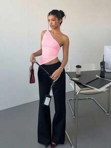 Top elegante de un hombro con un giro en color rojo burdeos delgado para mujer - Rosa Pálido - Ver 3