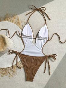 Traje de baño de una pieza con cuello en V de punto jacquard con textura y espalda descubierta, color verde oliva, adecuado para la playa.Traje de baño de una pieza negro, traje de baño de mujer con cuello halter - Café integral - Ver 2