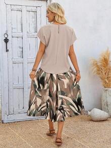 2 piezas Conjunto de top casual de unicolor + falda con estampado geométrico blanco y negro para vacaciones de mujer, Conjunto de ropa de verano para mujer, Conjunto de falda y top de verano, Conjunto de falda y top de mujer, Conjunto de falda - Multicolor 7 - Ver 2