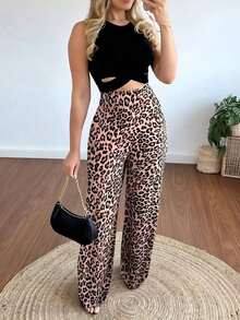 Elegante conjunto de 2 piezas de top sin espalda con cruce y pantalones rectos sexy para mujer - Caqui - Ver 3