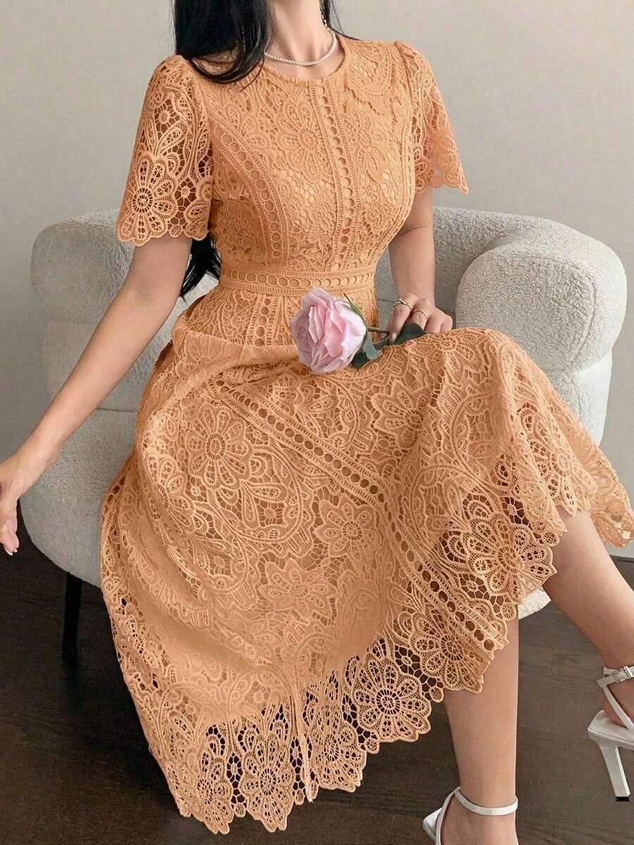 Vestido corto con adorno de encaje en las mangas, vestido mini elegante y refinado - Naranja - Ver 1