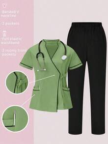Conjunto de uniformes médicos: Parte superior de cuello en V de manga corta y pantalones para trabajadores de la salud - Verde - Ver 9
