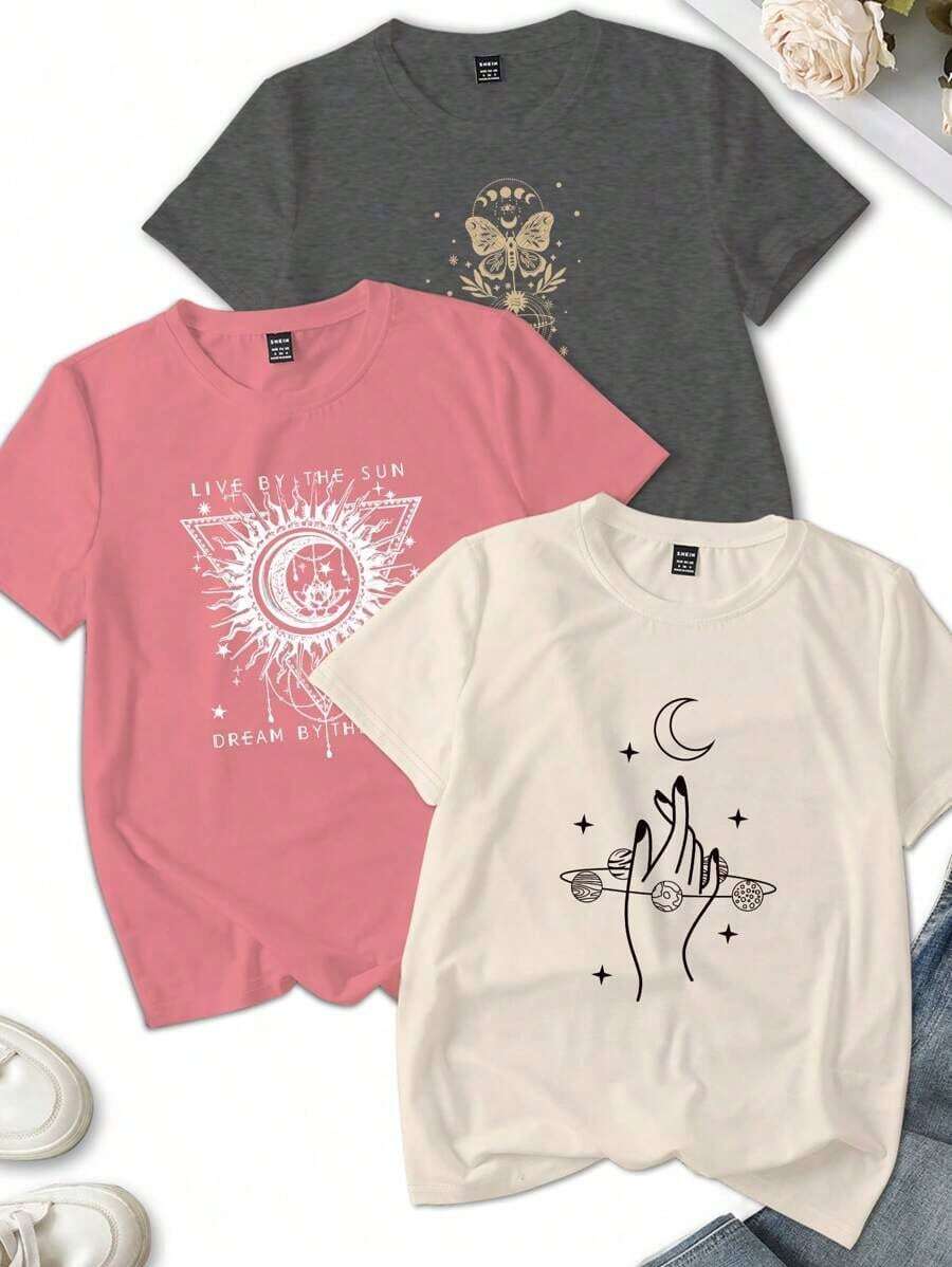 Set de 3 camisetas de mujer de manga corta con cuello redondo, de estilo casual de verano, con estampado gráfico del universo creencia, top de concierto - Multicolor 2 - Ver 1