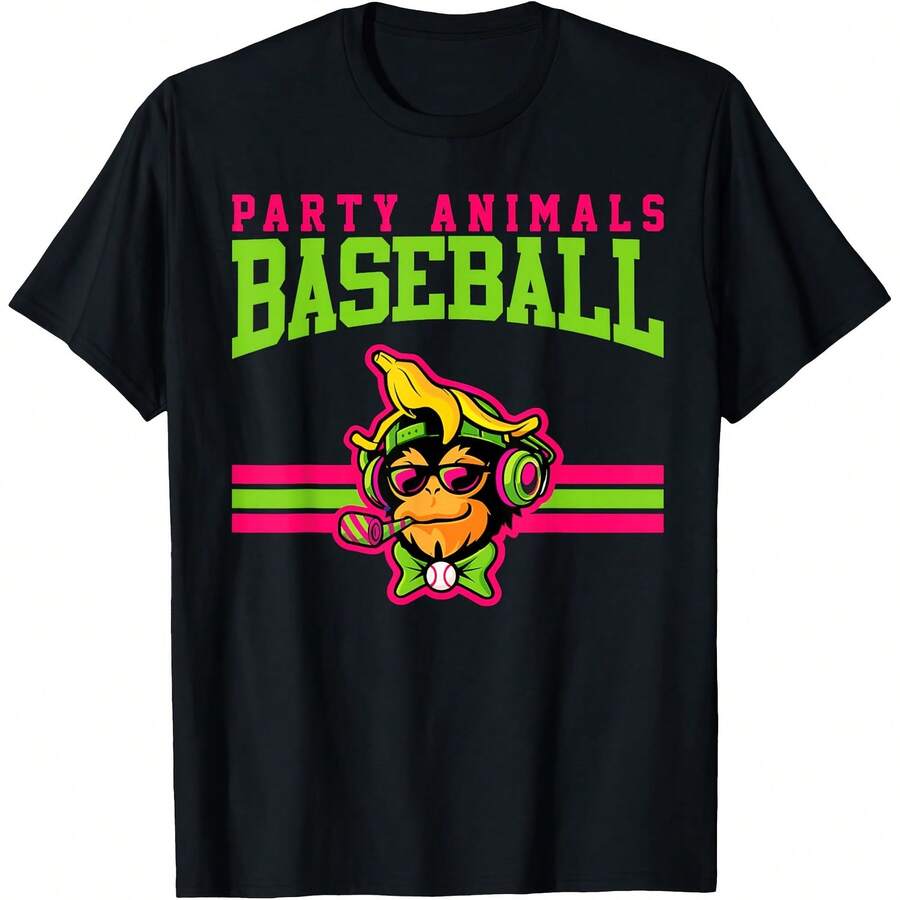 Funny Party Animals Baseball Monkey Sunglasses T-Shirt - Black - View 1