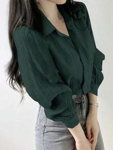 Blusa suelta de unicolor con cuello vuelto y pliegues para mujer, color morado, para primavera/verano/otoño, ropa de mujer de manga larga - Verde Oscuro - Ver 5