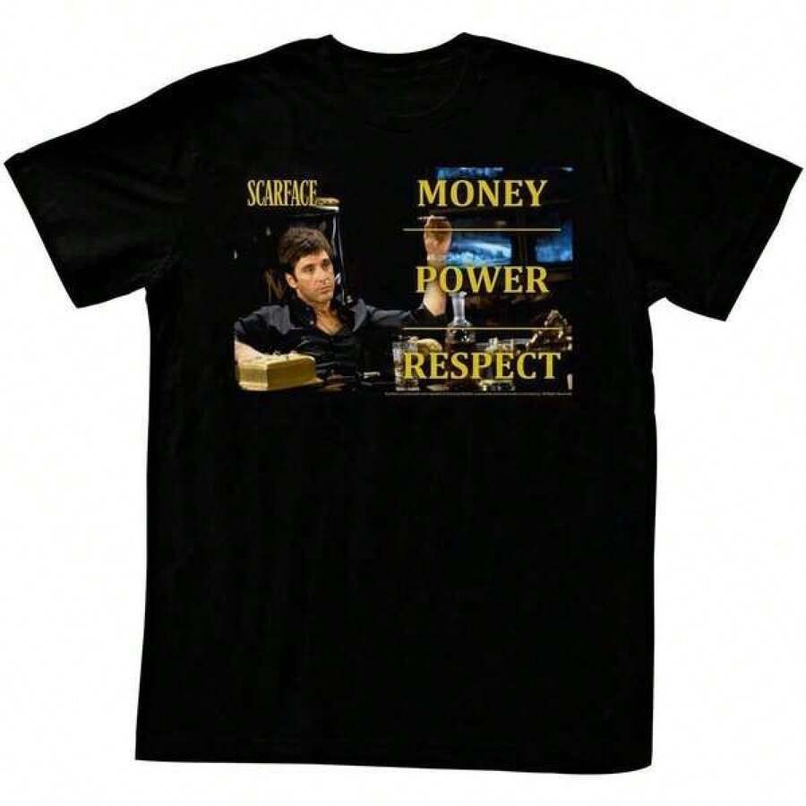 Camiseta masculina preta Scar Face inspirada no filme, 100% algodão, camiseta confortável de manga curta, estampa icônica de Tony Montana, streetwear casual com gola redonda, elegante e moderna, top masculino versátil. - Preto - Ver 1