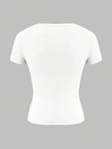 Camiseta ajustada de estilo Y2K con cuello en V y mangas cortas de unicolor, cintura ceñida, adecuada para uso diario casual de las mujeres Vaiaye - Blanco - Ver 4