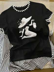 Conjunto de camiseta de manga corta con cuello redondo y estampado de oso de dibujos animados, y pantalones a rayas con cordón en la cintura para mujer - Negro - Ver 3