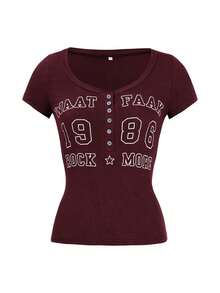 Camiseta de manga corta ajustada con estampado de letras estilo Y2K para mujer, casual para primavera/verano - Rojo - Ver 3