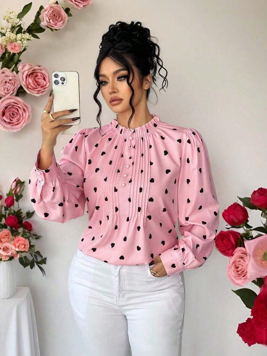 Blusa elegante de talla grande para mujer 2025 con encaje jacquard, parches y mangas con volantes, cintura ceñida y silueta evasé, adecuada para volver al colegio, graduación, vacaciones, San Valentín, festivales de música, Día de la Madre, Hallow - Rosa - Ver 1