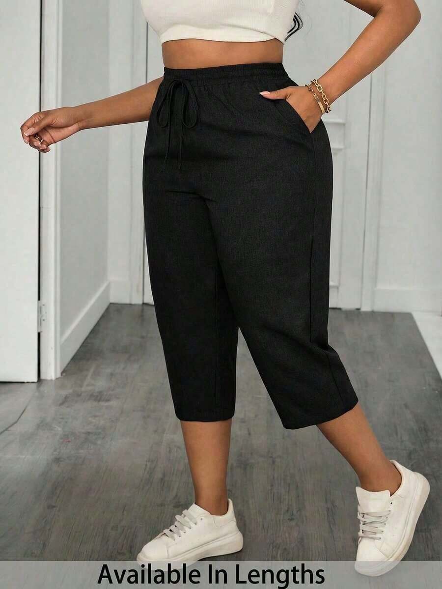Pantalones capri con cintura con cordón para vacaciones de verano, pantalones de verano para maestros, con bolsillos, primavera, ceremonia de graduación, casual, azul - Negro - Ver 1