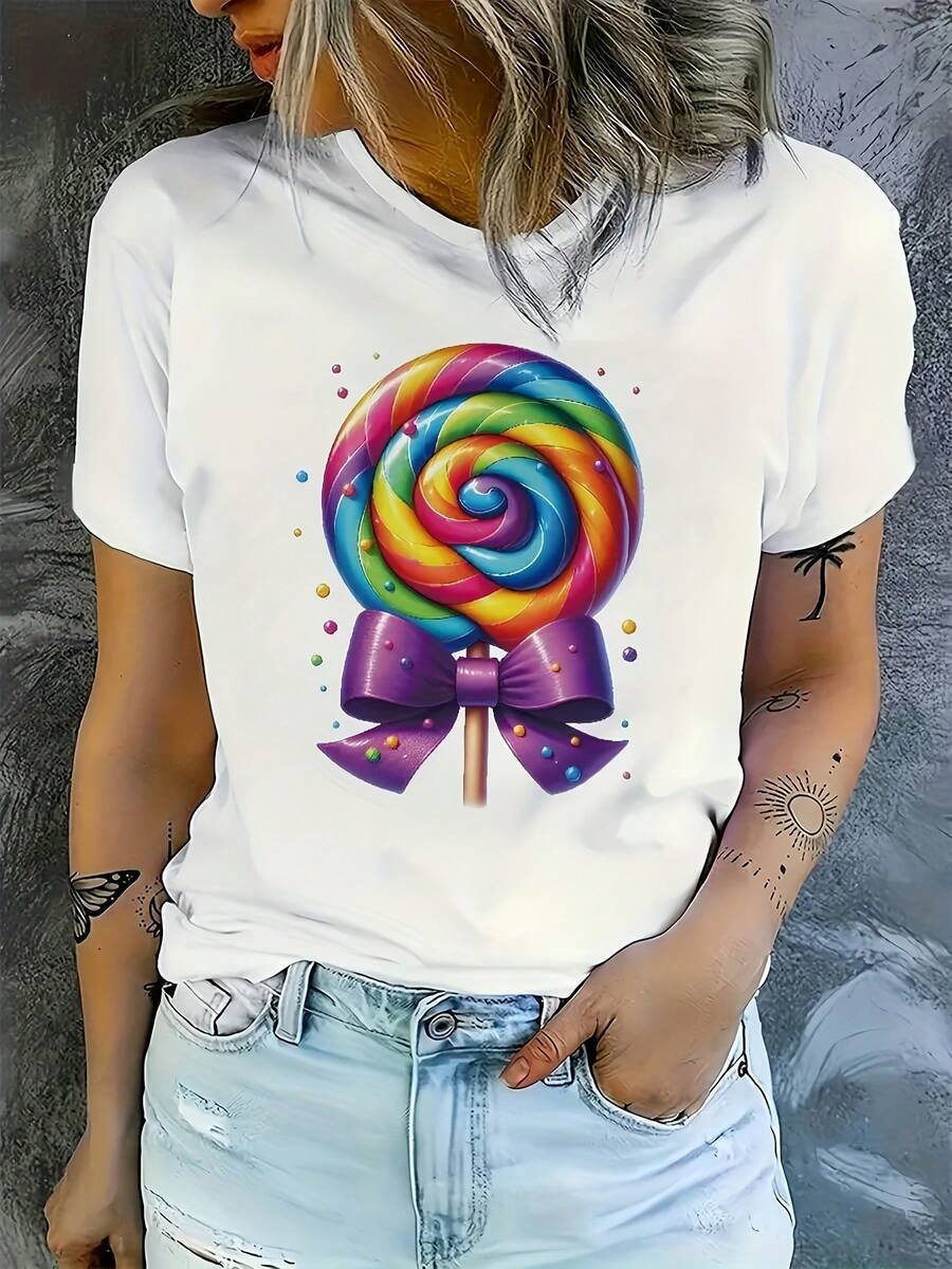 Camiseta Casual de Mujer con Estampado Vibrante de Piruleta - Manga Corta para Primavera/Verano, Cuello Redondo, Ajuste Elástico - Mezcla Ligera de Poliéster, Lavable a Máquina, Idea de Regalo Perfecta - Negro - Ver 1