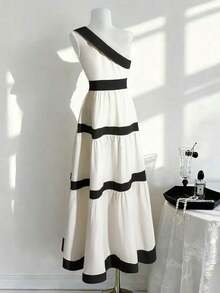 Vestido sin mangas de unicolor tejido con hombros oblicuos en contraste, elegante para primavera/verano - Albaricoque - Ver 2
