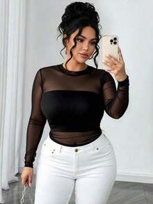 Camiseta básica negra de manga larga con cuello redondo y malla, talla grande y versátil, sexy - Negro - Ver 4