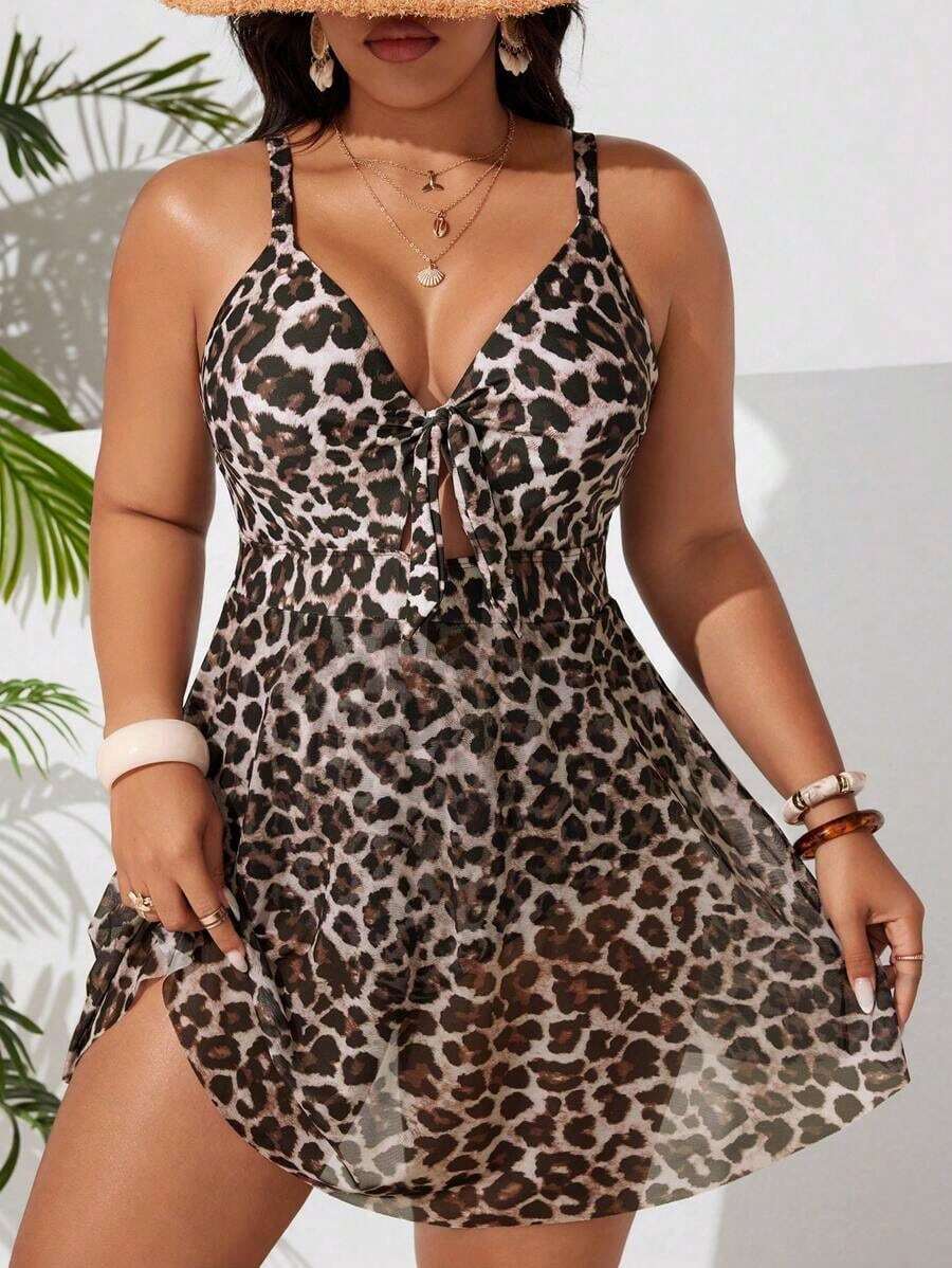 2026 Traje de baño de una pieza con efecto estilizante para tallas grandes| Estampado de leopardo clásico de estilo retro salvaje| Escote en V con lazo ajustable en la parte delantera para realzar el busto| Abertura frontal + dobladillo d - Multicolor 2 - Ver 1