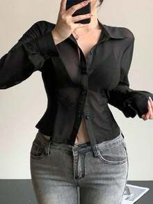Camisa elegante de manga larga para mujer con pespunte de espina de pescado, empalme con adorno de encaje, ajuste ceñido, adecuada para uso en la oficina, primavera/verano - Negro 2 - Ver 11