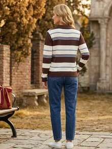Striped Long-Sleeved Knit Shirt - Café integral - Ver 2